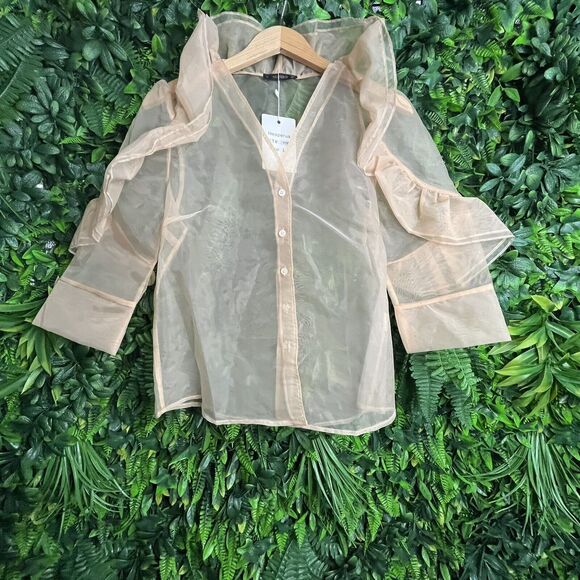 Hesperus Tops Women Medium Beige Khaki Blouse Button Front Ruffle Sheer 0168 - Picture 5 of 6